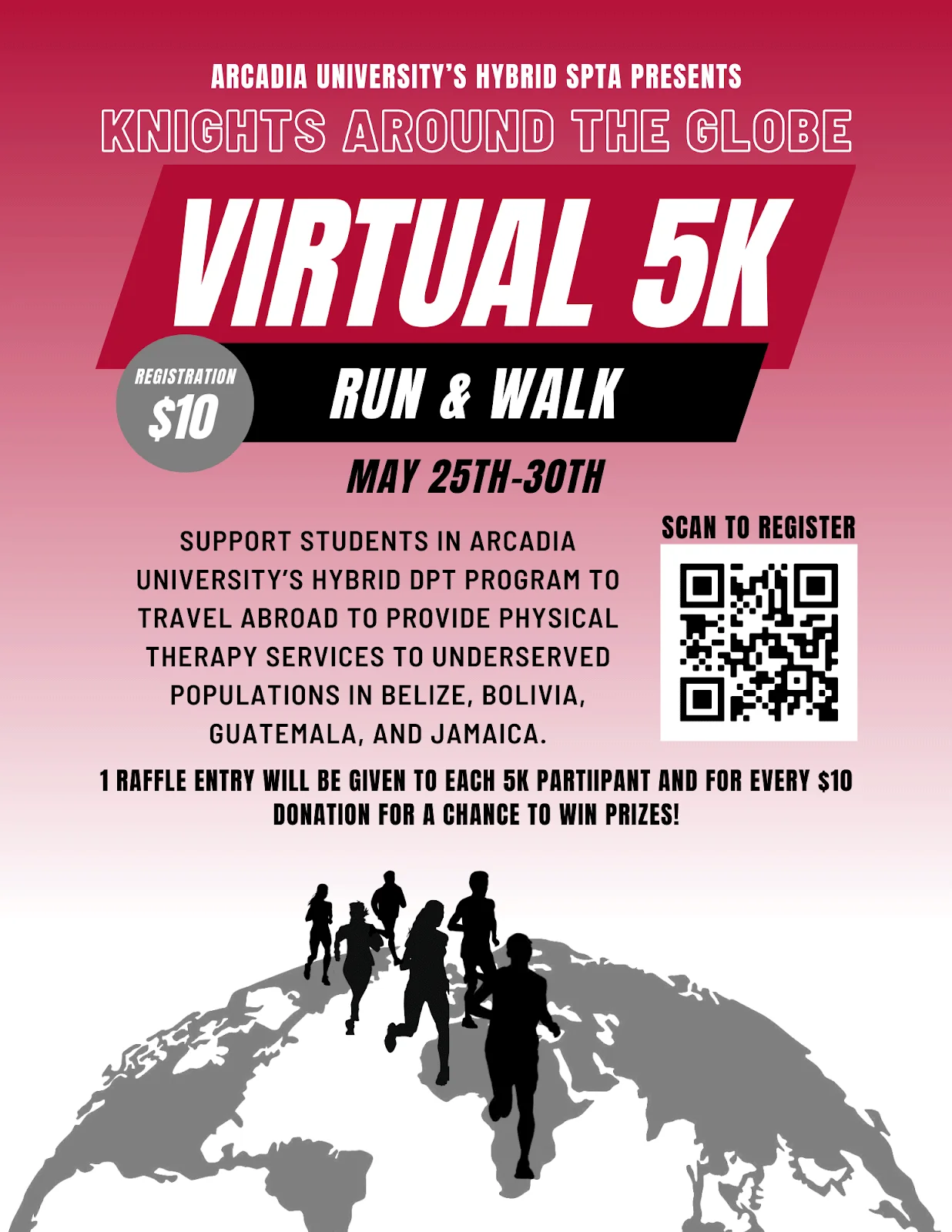 A flyer for the Hybrid DPT program's Knights Around the Globe Virtual 5K happening May 25-30, 2023