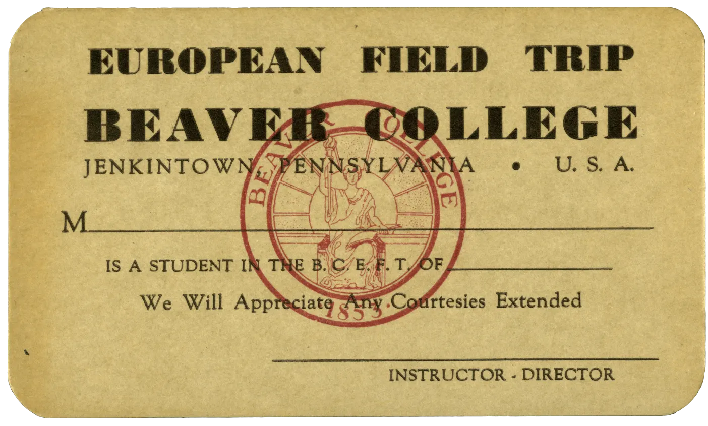 A Beaver College European field trip card.