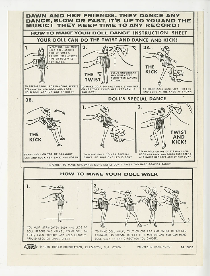 An illustrated instruction showing how to make your doll dance or walk.