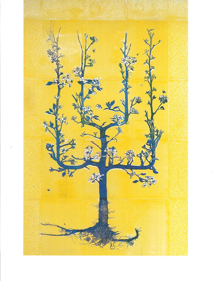 An illustrative blue tree in a yellow background