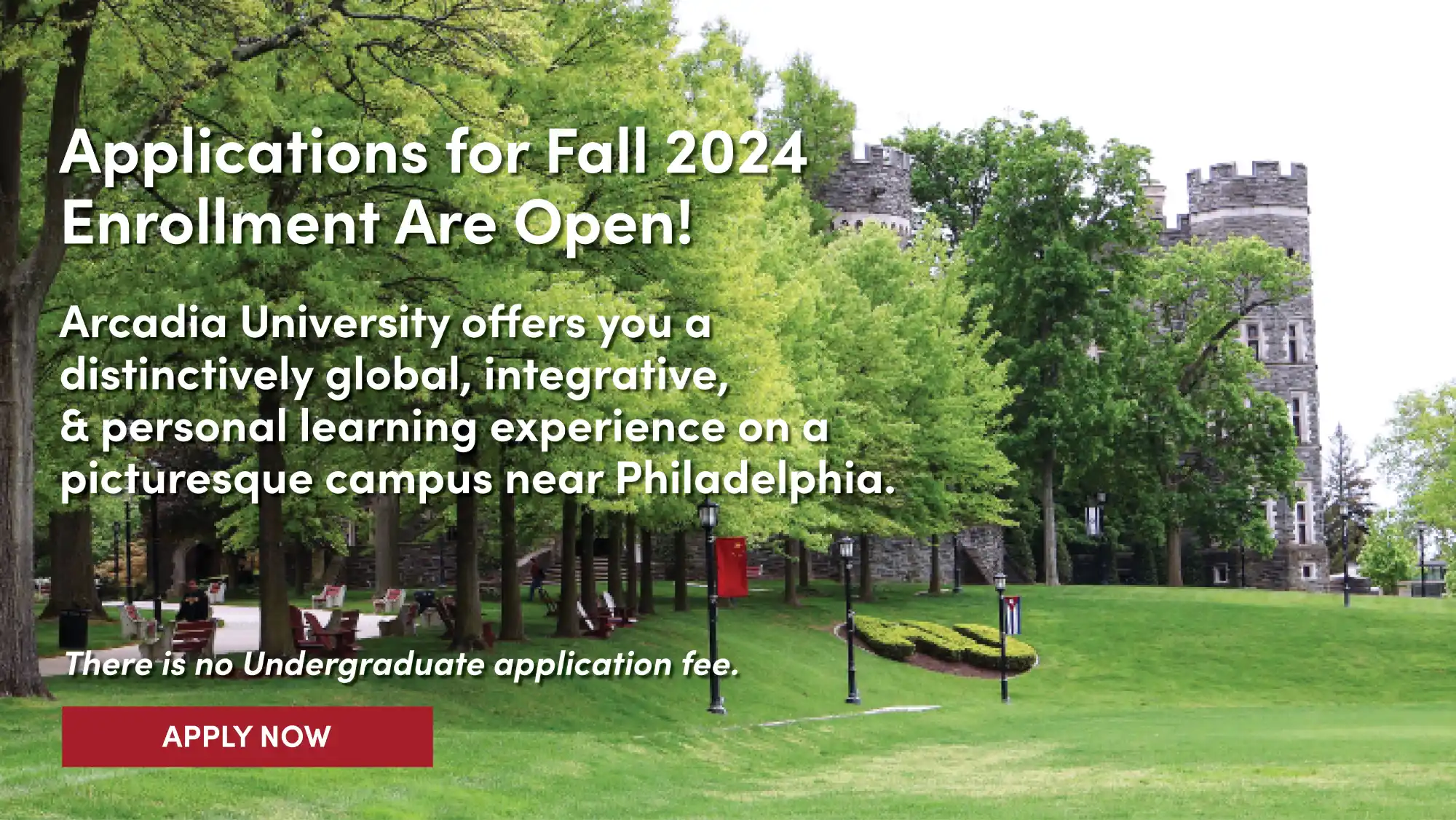 A banner saying that applications for Fall 2024 enrollment are open for undergraduate students and there is no fee.