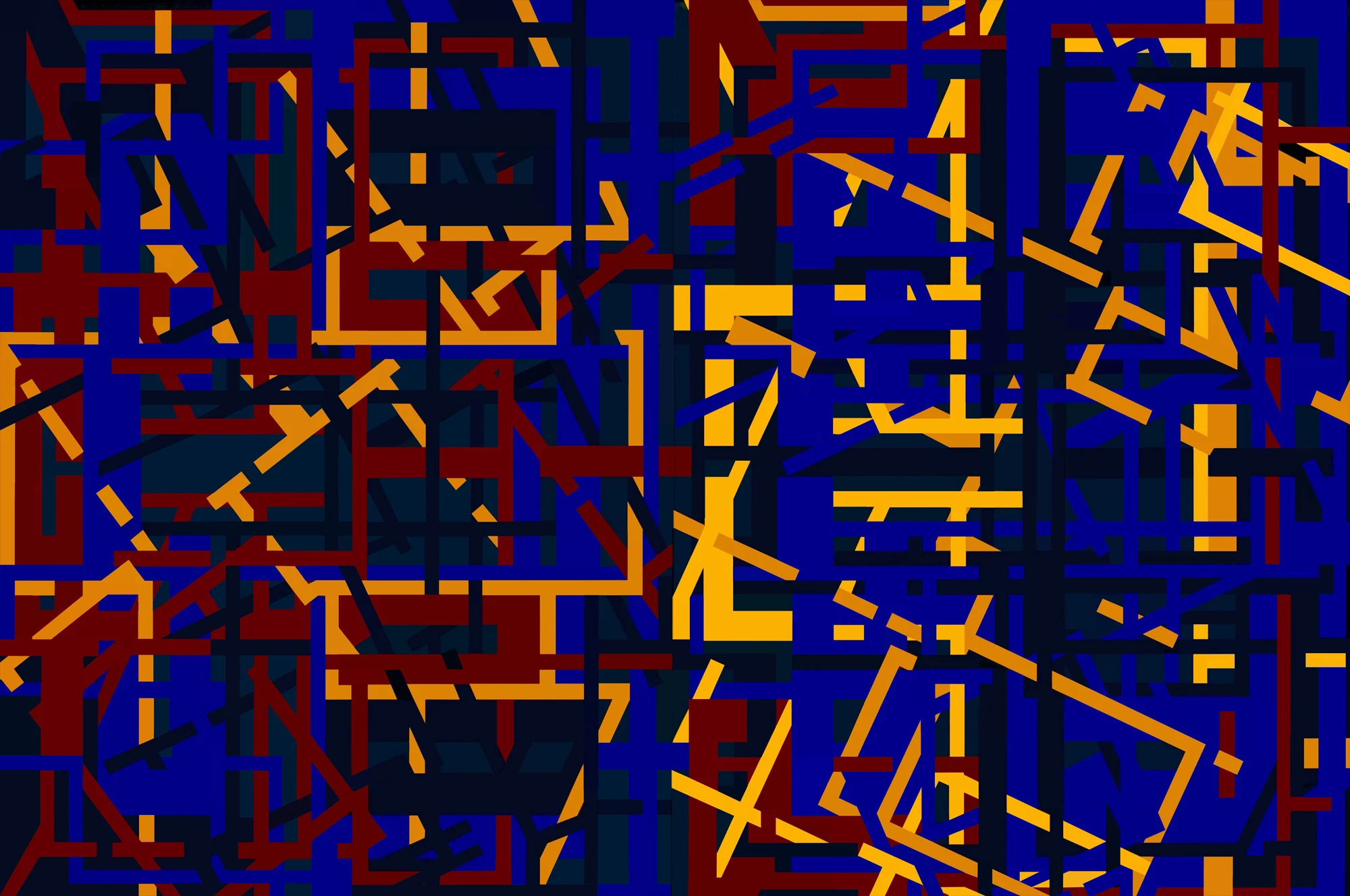 an acrylic painting of lines and squares in yellow, red, and blue
