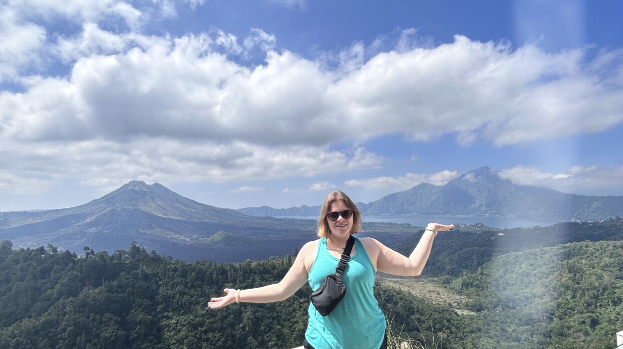 student in front of mountains in Bali
