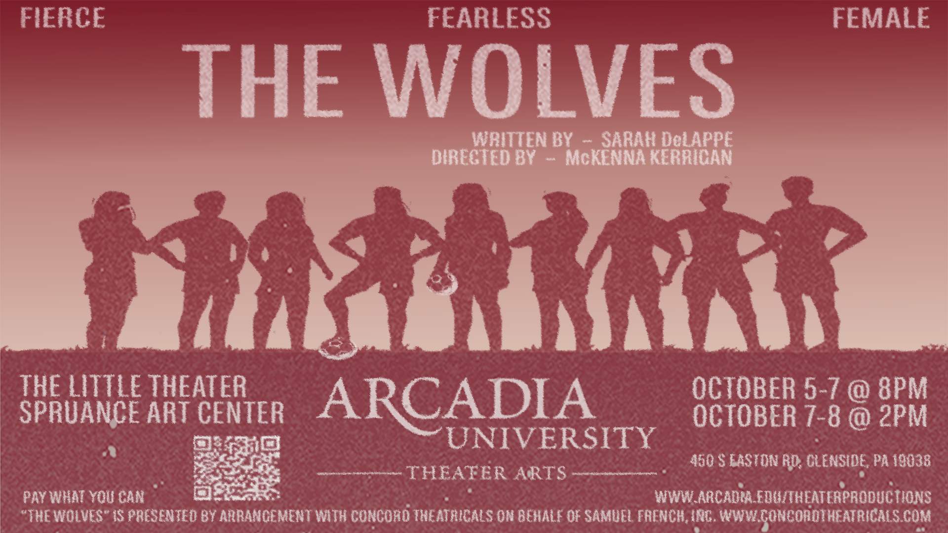 A poster promoting the The Wolves, Arcadia Theater production.