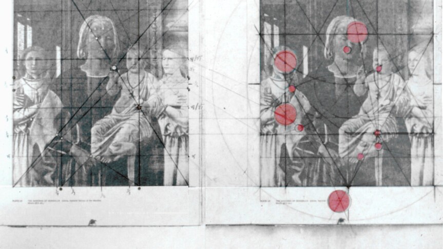 Madonna di Senigallia a painting by Piero della Francesca shown in greyscale.