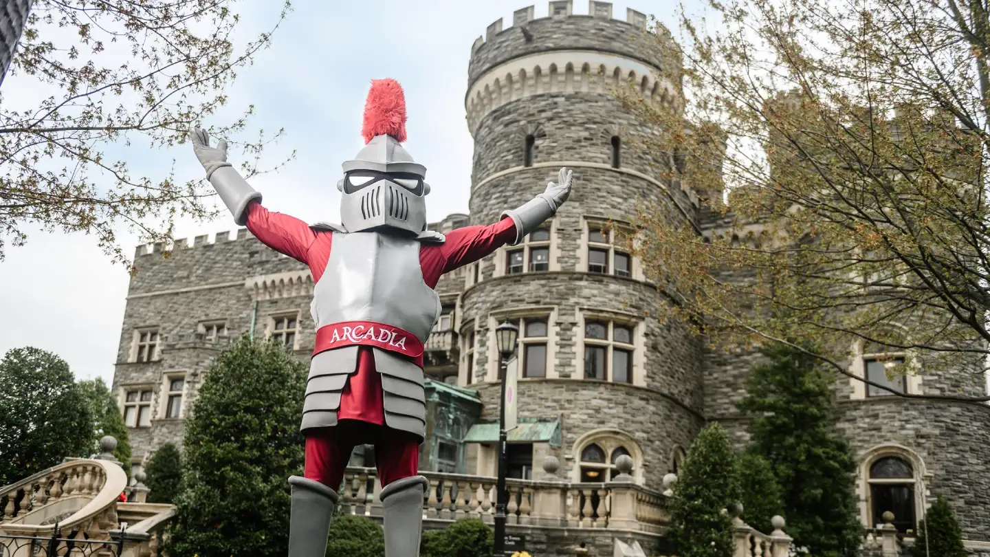 Arcadia University's mascot, Archie welcomes everyone with open arms to the castle.