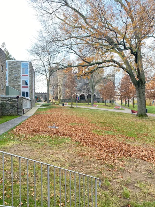 Grey Towers Castle in the Fall with leaves on the ground.