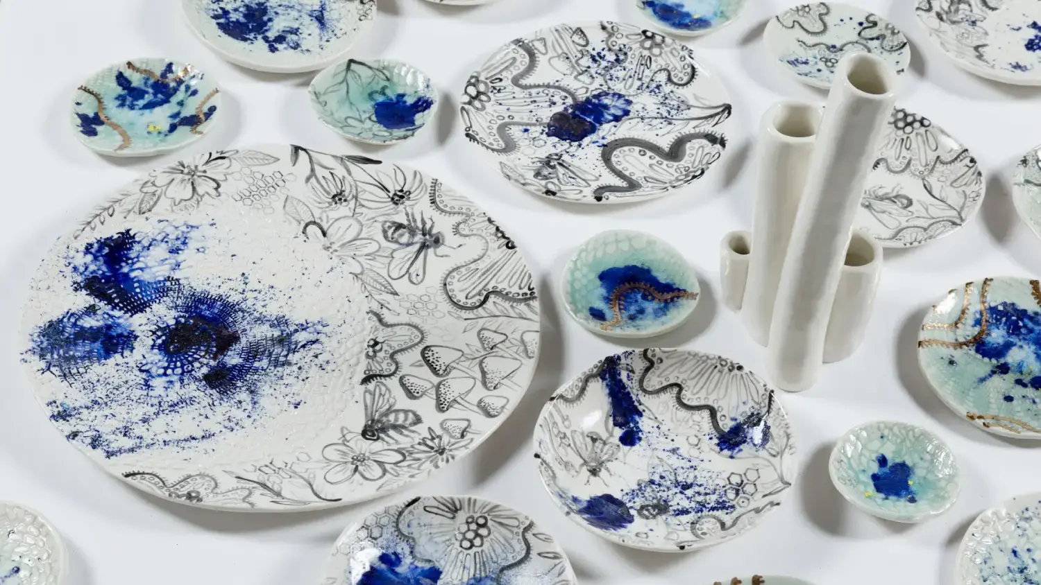Pottery in blues and whites.