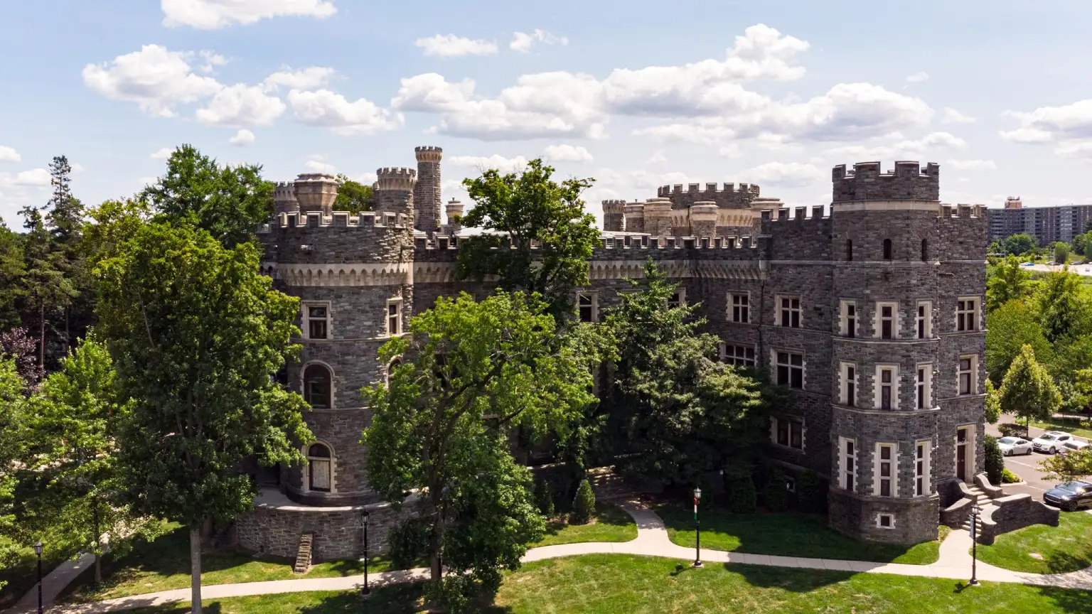 Springtime view of Grey Towers Castle at Arcadia University.