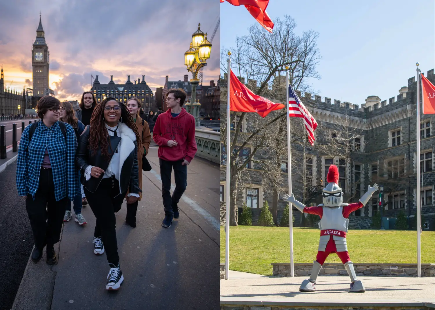 Collage of students in London and the Knight mascot on campus