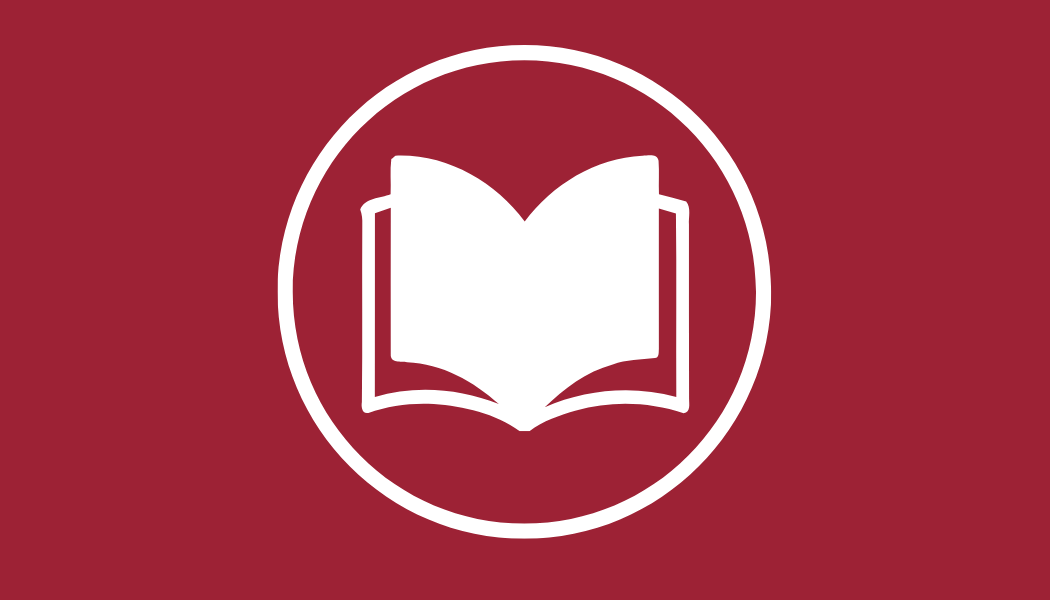 A graphic in red showing an open book.
