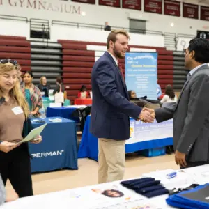 A student shaking the hand of an employer.