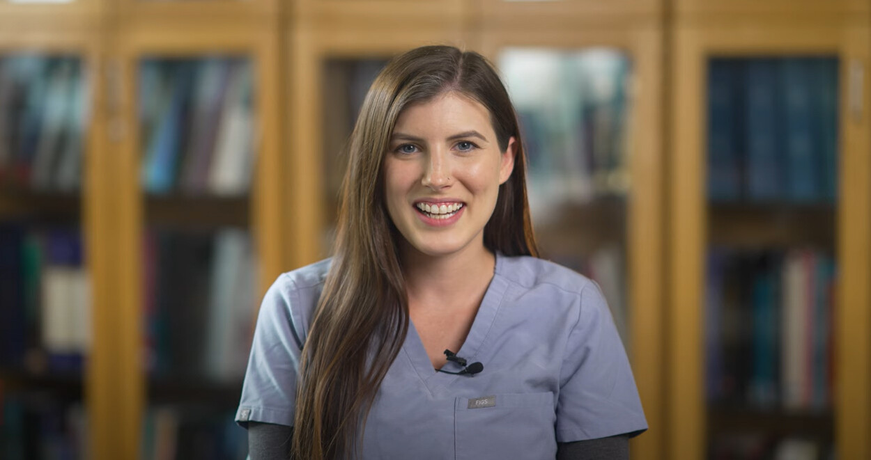 Sarah Lentz smiles as she talks about her Arcadia experience during a video interview.