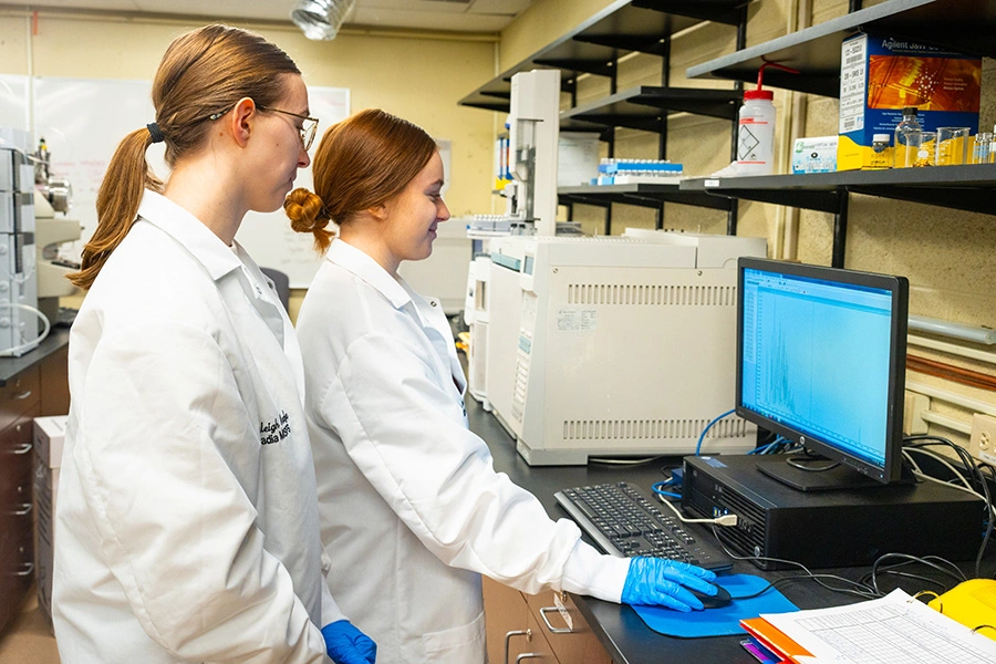 Two students do data analysis for a sample in a lab.