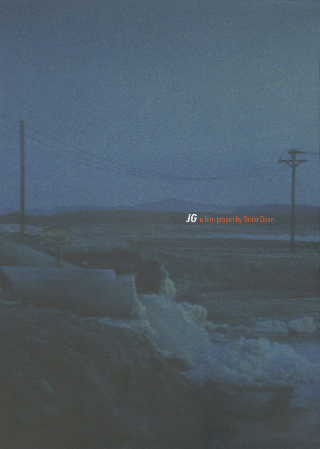 Cover of "JG: a film project by Tacita Dean." Cover is navy blue with a muted picture of plains.