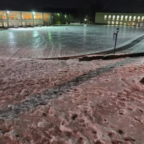 Haber Green covered in ice and snow.