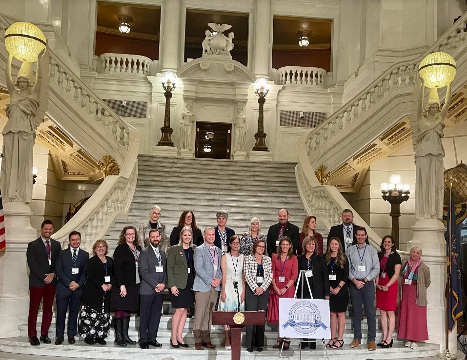 Elected officials, Pennsylvania Department of Education staff, and educators at the Pennsylvania Capitol in recognition of the 2023 awardees of the Presidential Award for Excellence in Mathematics and Science Teaching