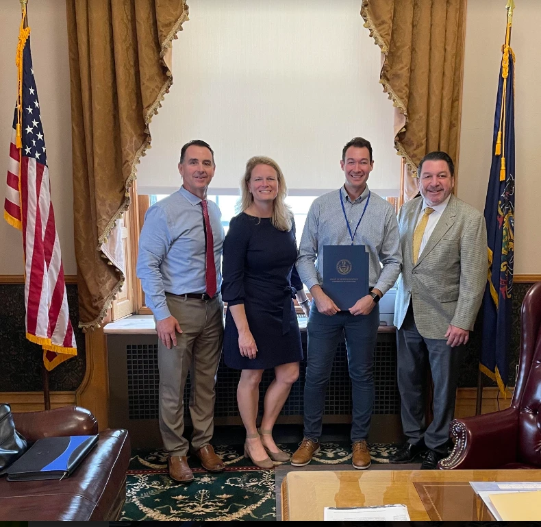 From left to right: Palisades High School Principal Richard Heffernan, Palisades School District Superintendent Dr. Bridget O'Connell, Dylan Fedell '19MEd, PA State Rep. Craig Staats