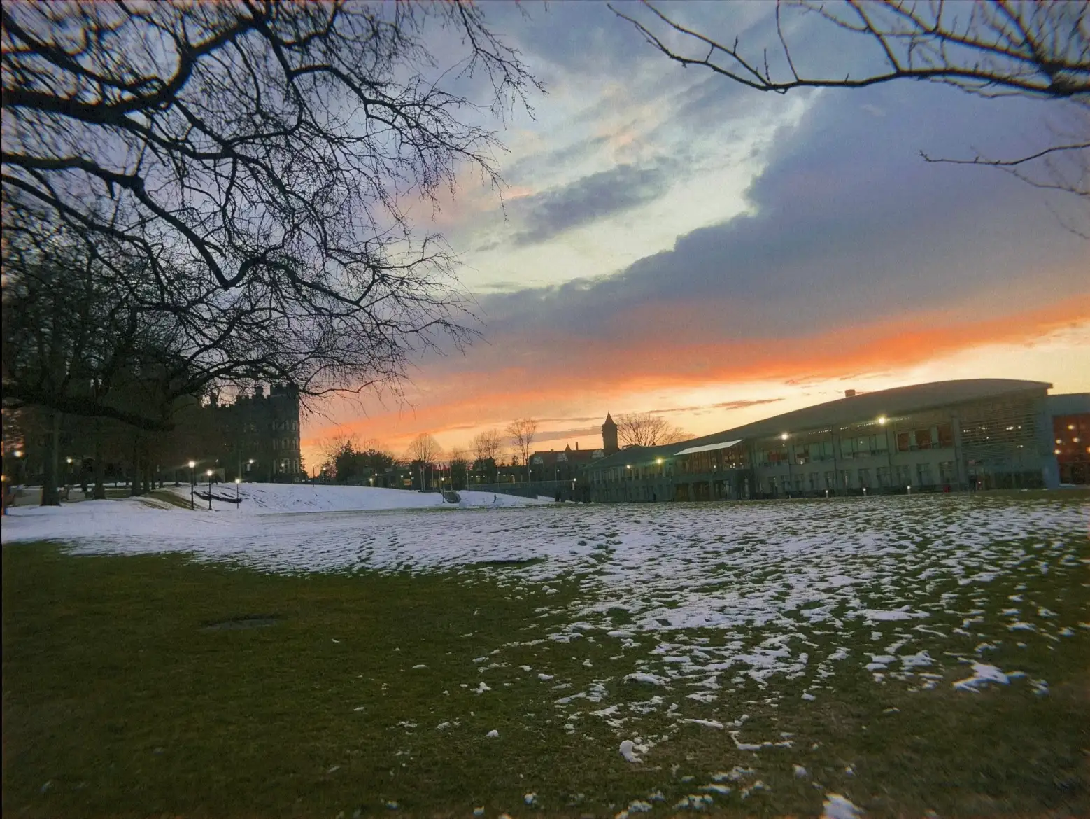 Haber Green with some snow and a sunset.