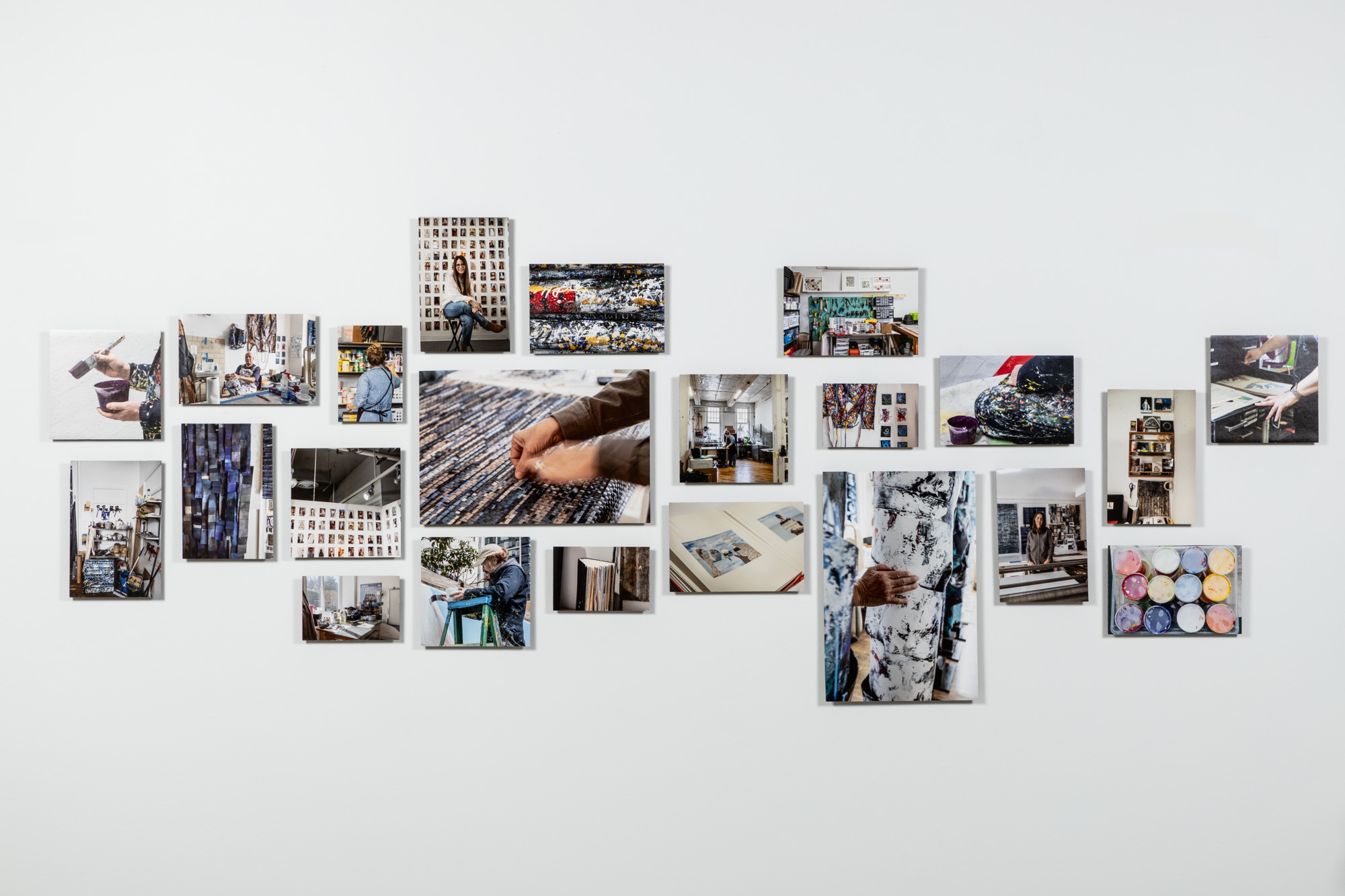 Various photos of people working with art and textiles