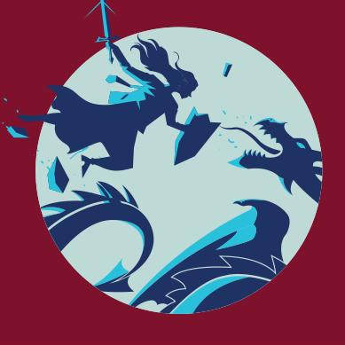 An illustration of a girl combatting a dragon with a sword and a shield
