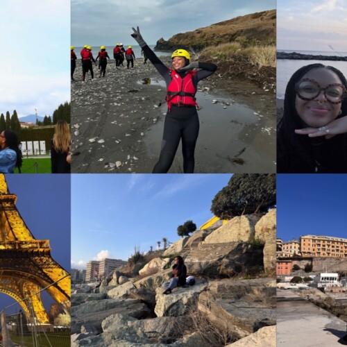 A collage of photos of Jamai Vann ’28 traveling.