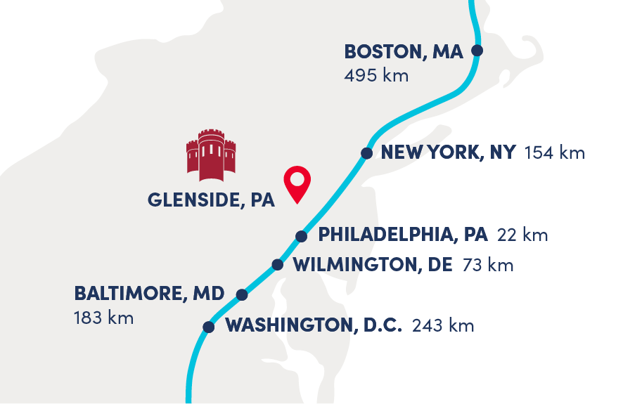 An East Coast-based map pinpoints Arcadia University's location in relation to Philadelphia, Boston, Baltimore, and other major cities.