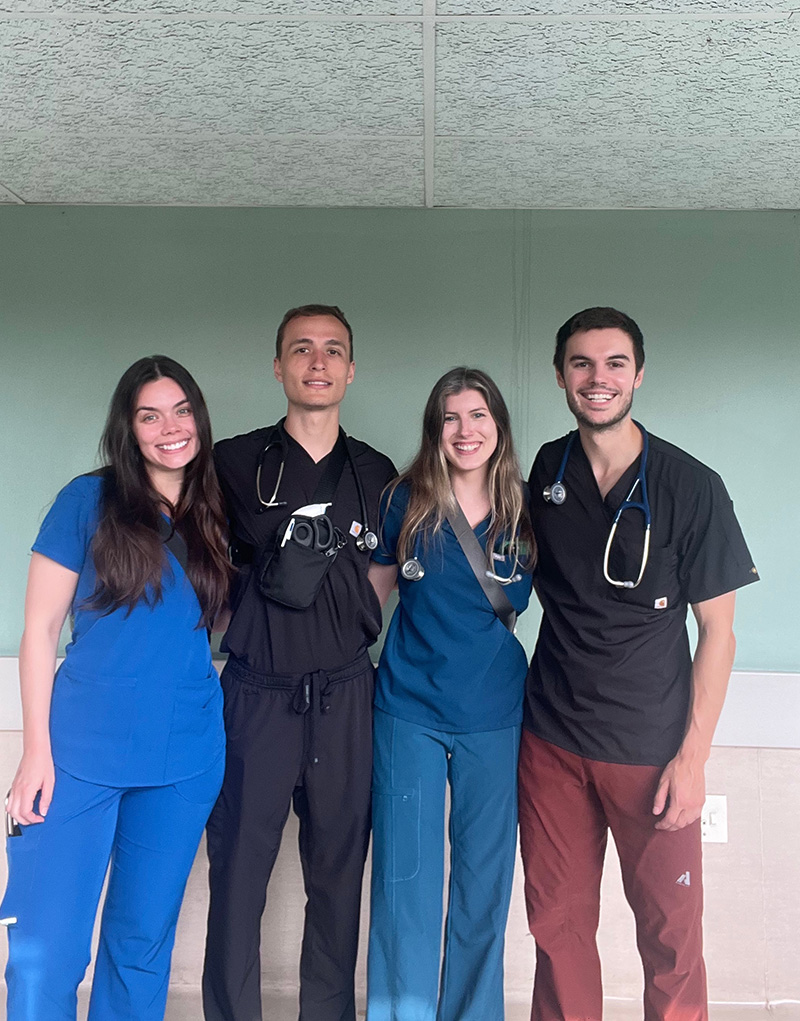 From left to right: Leah Morton ’25MMS, Patrick Ensmenger ’23, ’25MMS, Sarah Lentz ’25MMS, and Alex McKennon ’25MMS, MPH at Rob Ferreira Hospital in Mbombela, South Africa.