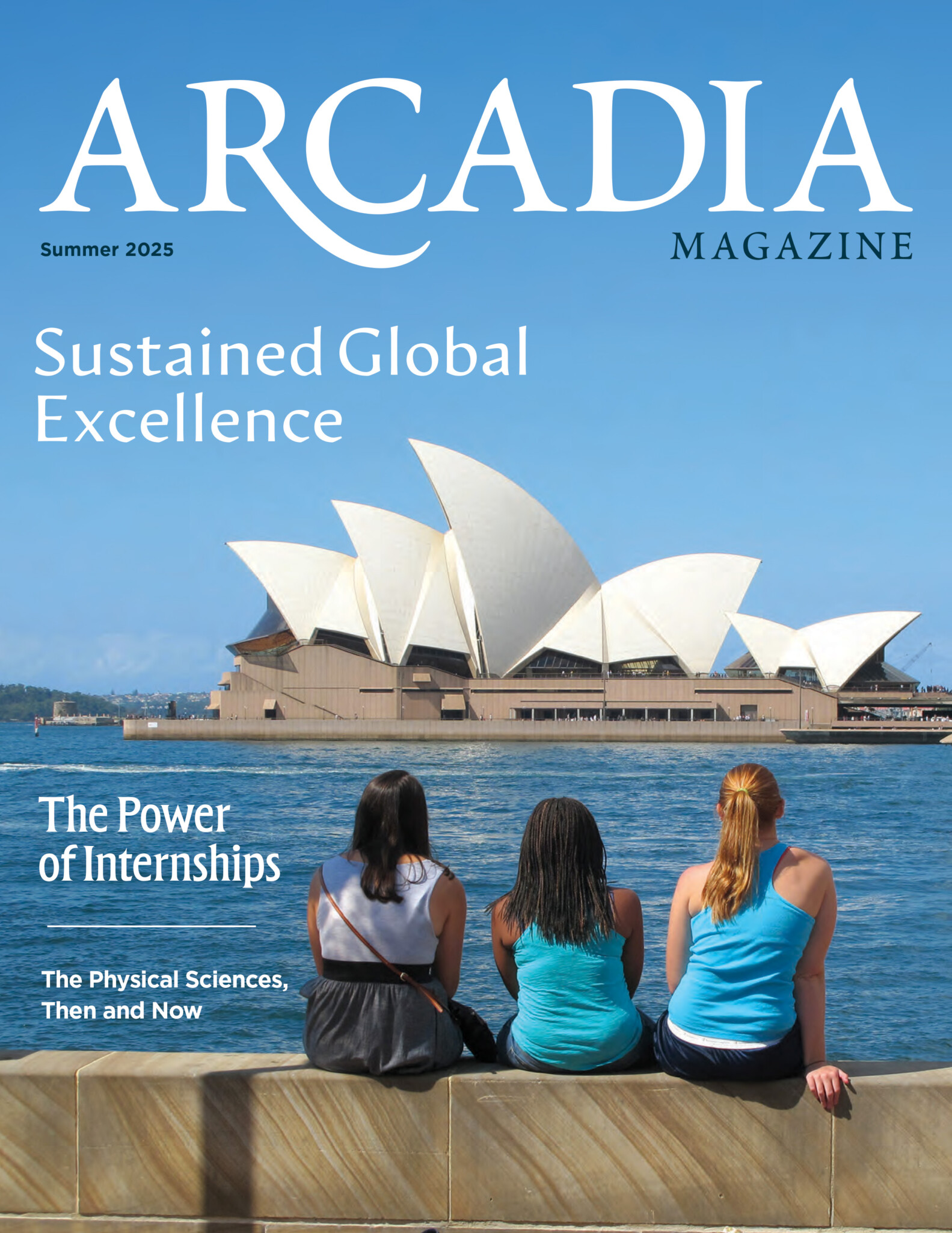 The Sydney Opera House is in the background as three students sit by the water.