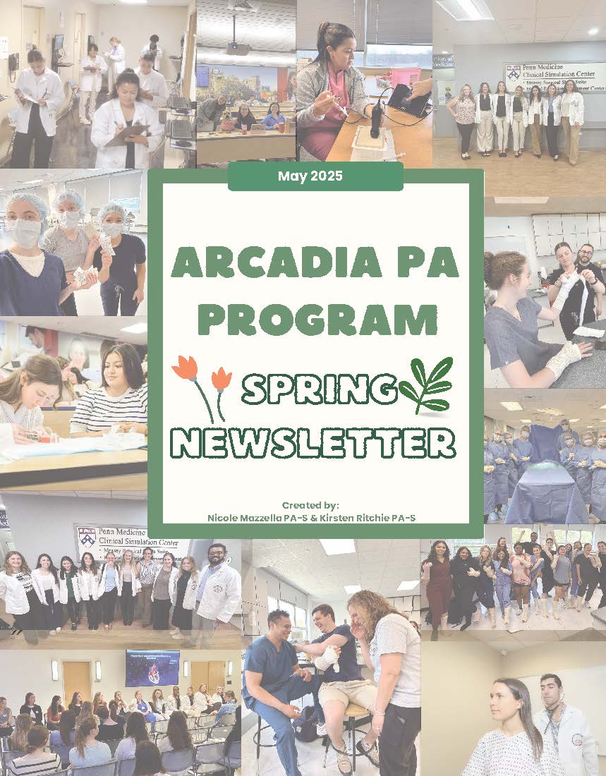 The green bordered cover for the Physician Asissstant Spring 2025 newsletter features a collage of AP students.