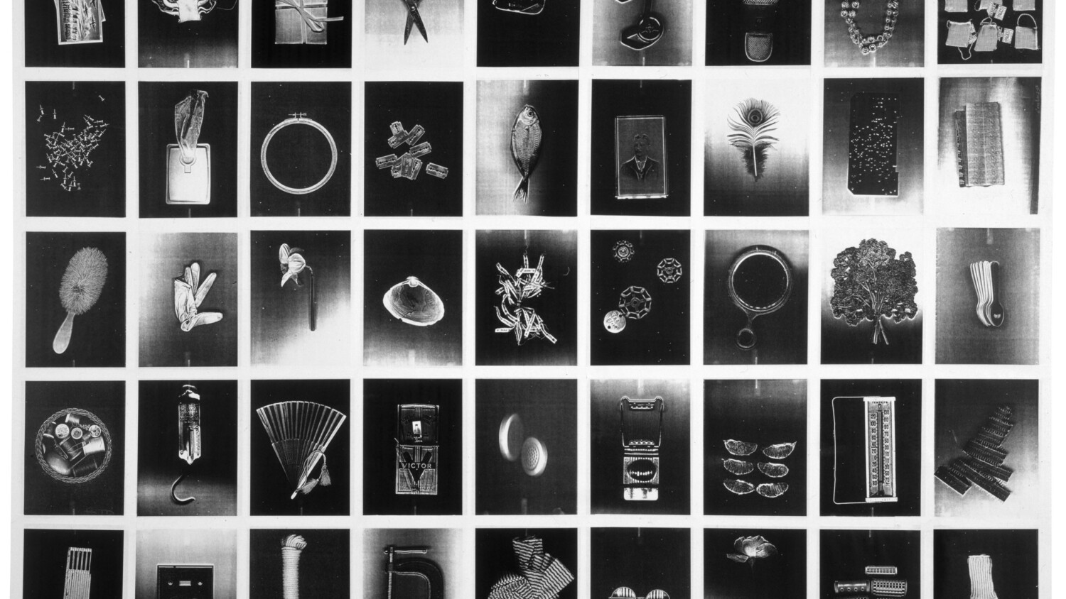 black and white grid layout of Pati Hill photocopy pieces.