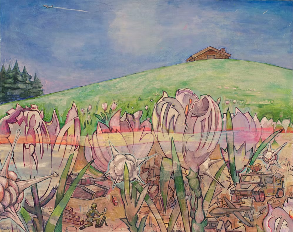"Crocus" by Hiro Sakaguchi. Grassy hill with pink foliage near the bottom, bright blue sky. A house is on the top of the hill in the distance.