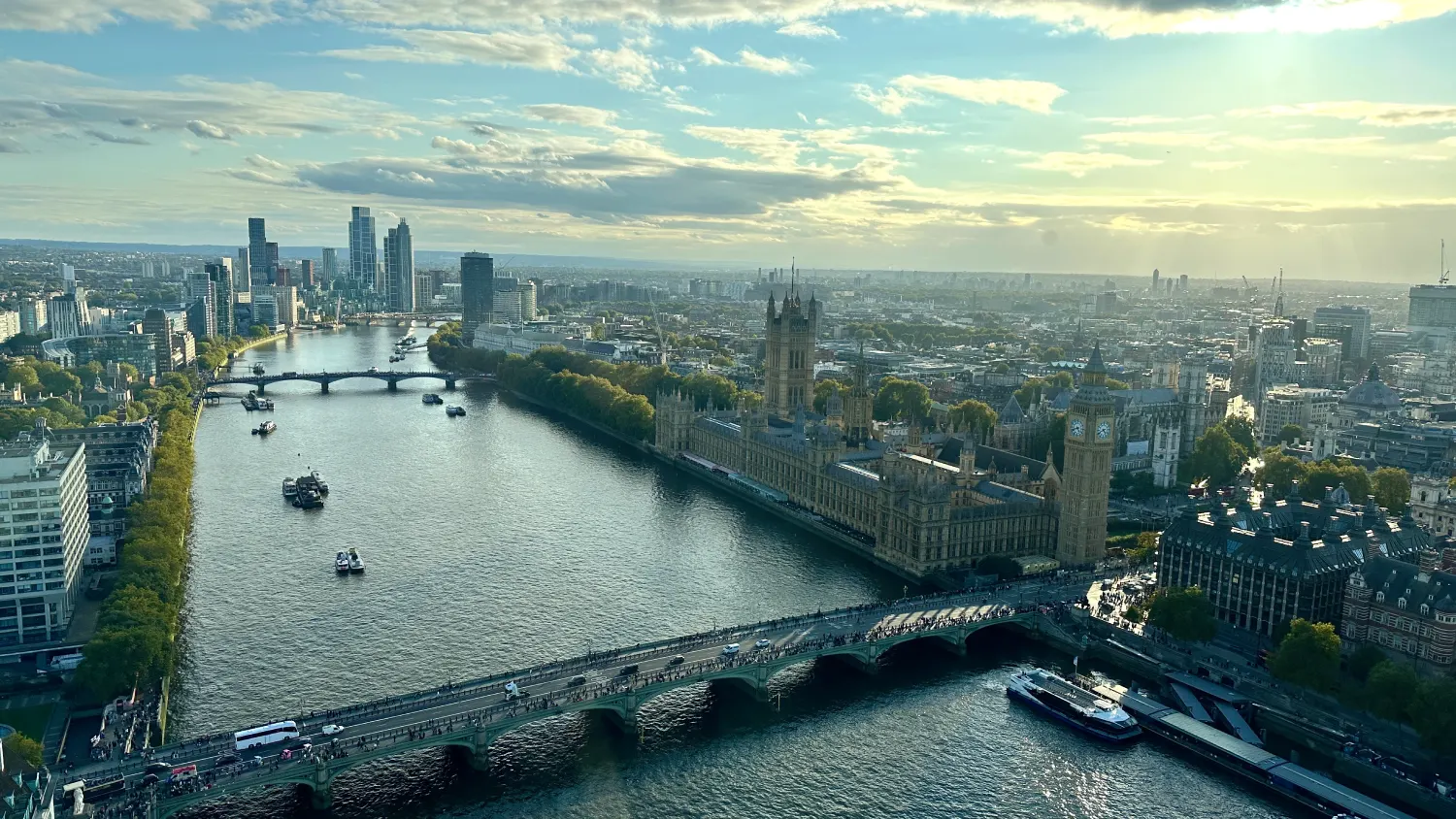 A view of the Palace of Westminster and the Elizabeth Tower from inside the Shard in London, England.