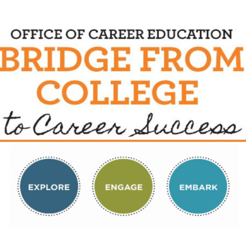 A graphic reading "Office of Career Education - Bridge From College - Explore Engage Embark."