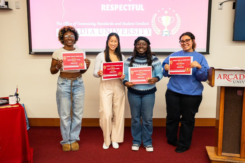 Students receive certificates denoting the Lived Value for which they were recognized. Pictured here in April 2024 are (left-right): Kailyn Houston-Young, Scarlett Glasser-Nehls, Jennifer Coulibaly, and Dasia Rosado.