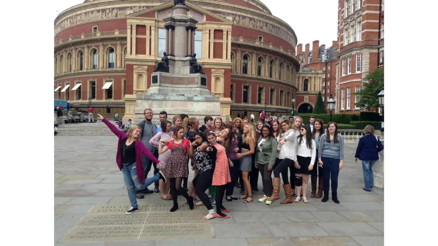 A group of Arcadia students pose in front of the Royal Albert Hall in London, England.