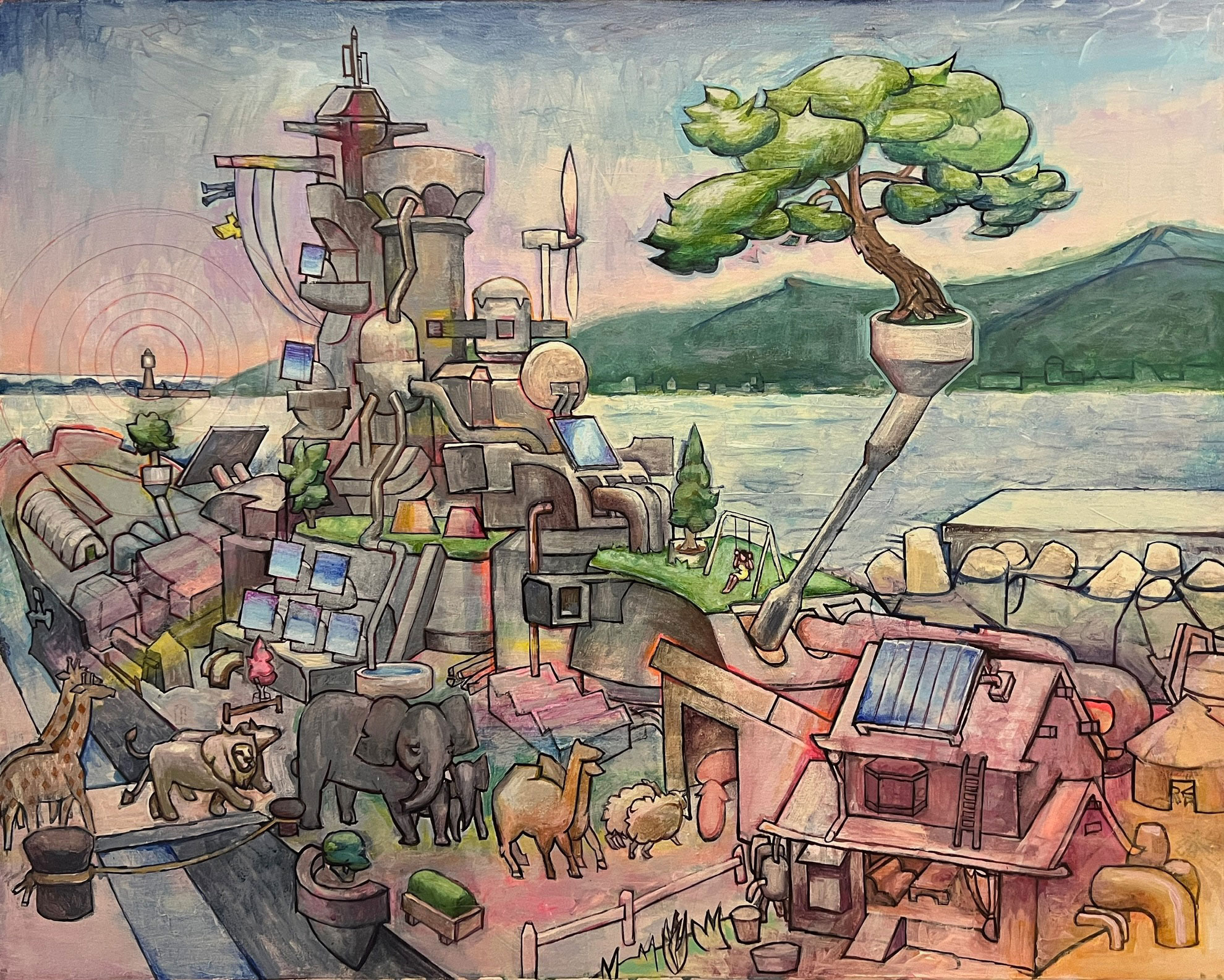 A painting of a battleship repurposed into something more like Noah's Ark