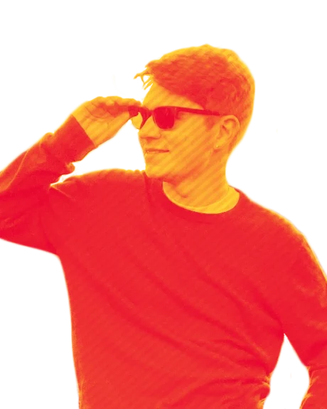 A duotone of Luke Miller wearing sunglasses in red and yellow.