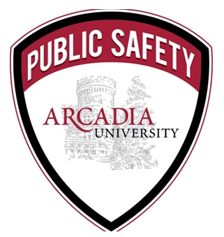 The red and white logo for the Publis Safety badge for Arcadia University