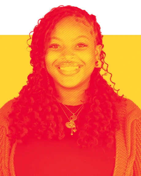 A duotone of Jamai Vann ’28 in red and yellow.