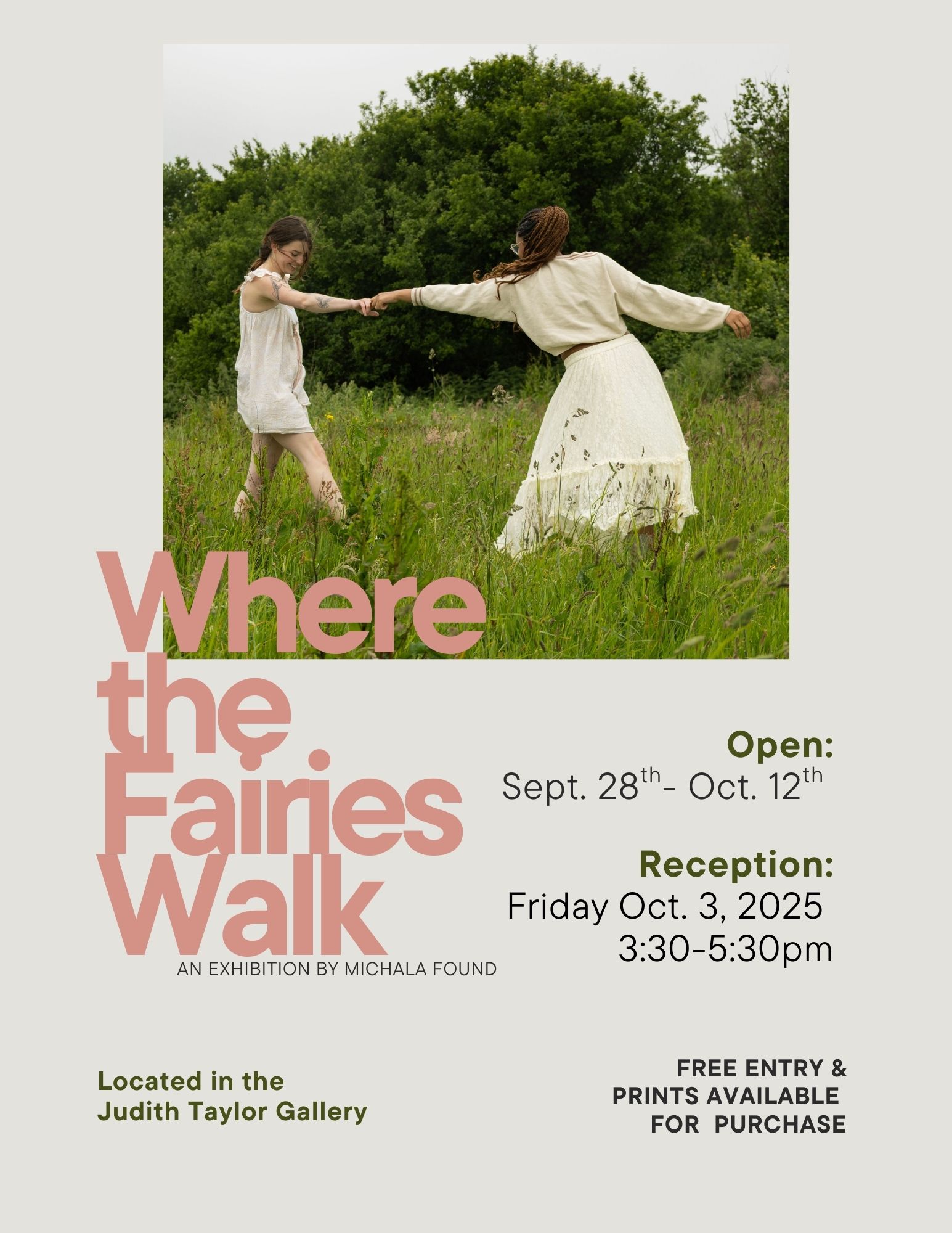 Text reading "Where the Fairies Walk" and an image of two people walking through a green field