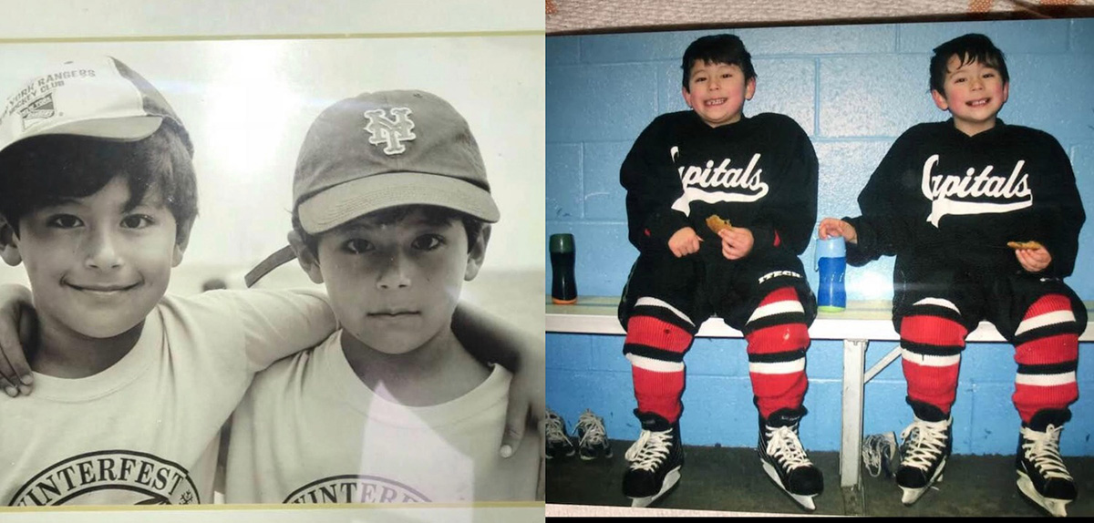 Michael and Christopher Benkovitz as children in their hockey uniforms