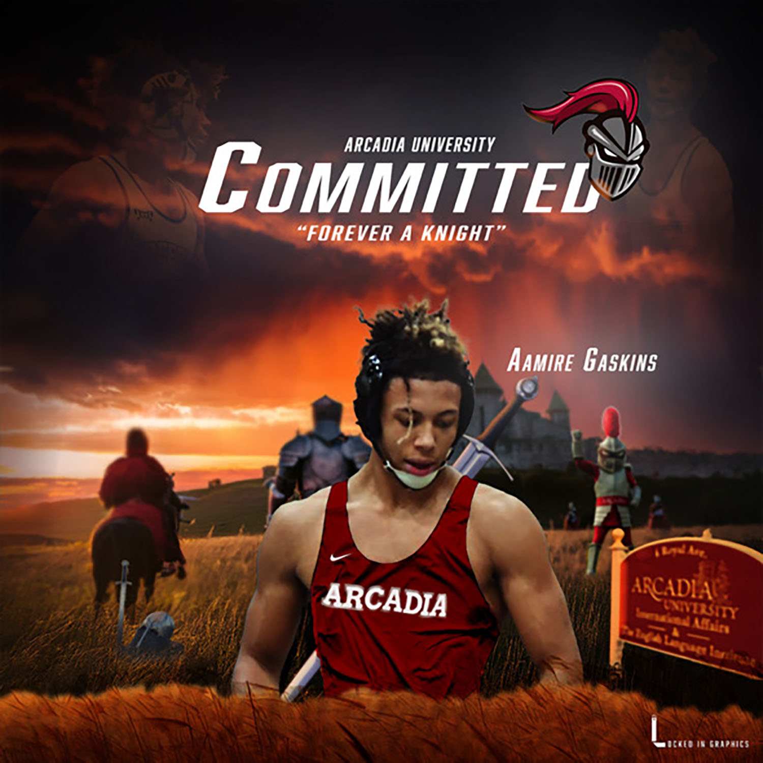 A graphic showing that Aamire Gaskins ’29 committed to Arcadia University.
