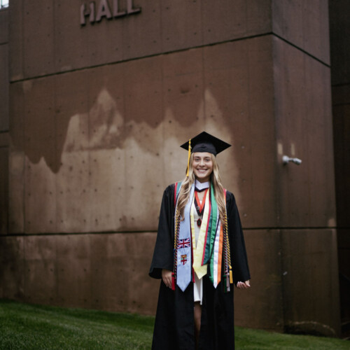 Emily Nervegna ’25, ’27DPT in front of Boyer Hall.