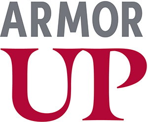 A red and gray logo for Armor Up health