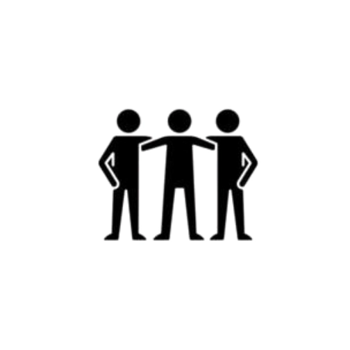 A black lined icon drawing of three people standing in a group hug.