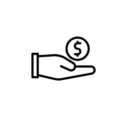 A black lined icon drawing of an outstretched hand and a dollar sign.