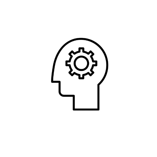 A black lined icon drawing of human head and a cog wheel.