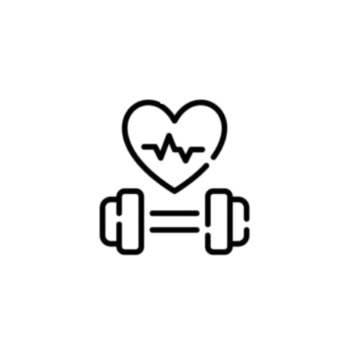 A black lined icon drawing of a heart with vital signs over a gym weight.