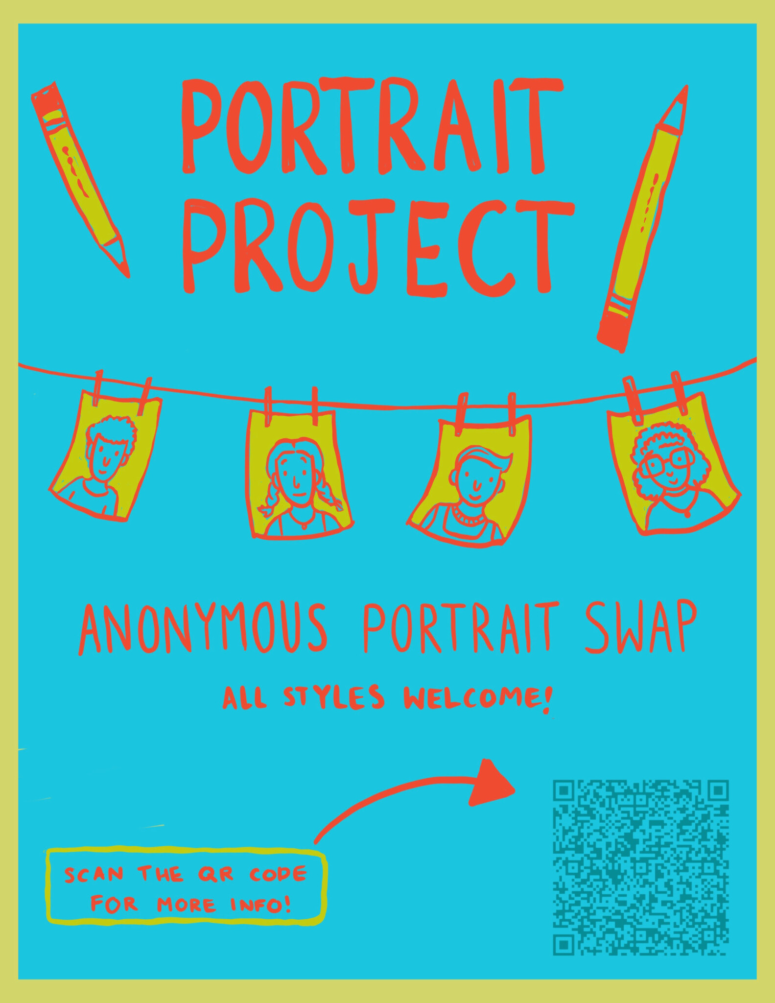 A blue poster with bright red text advertising an anonymous portrait swap